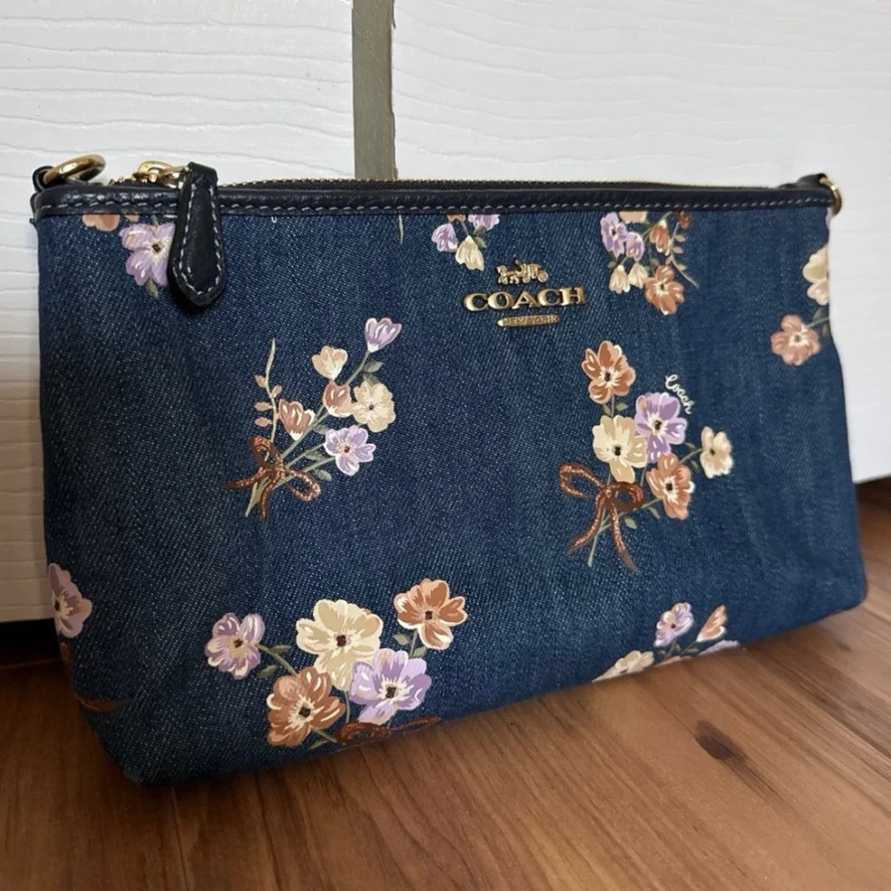 Coach zip top denim clutch with painted floral print - Picture 1 of 9